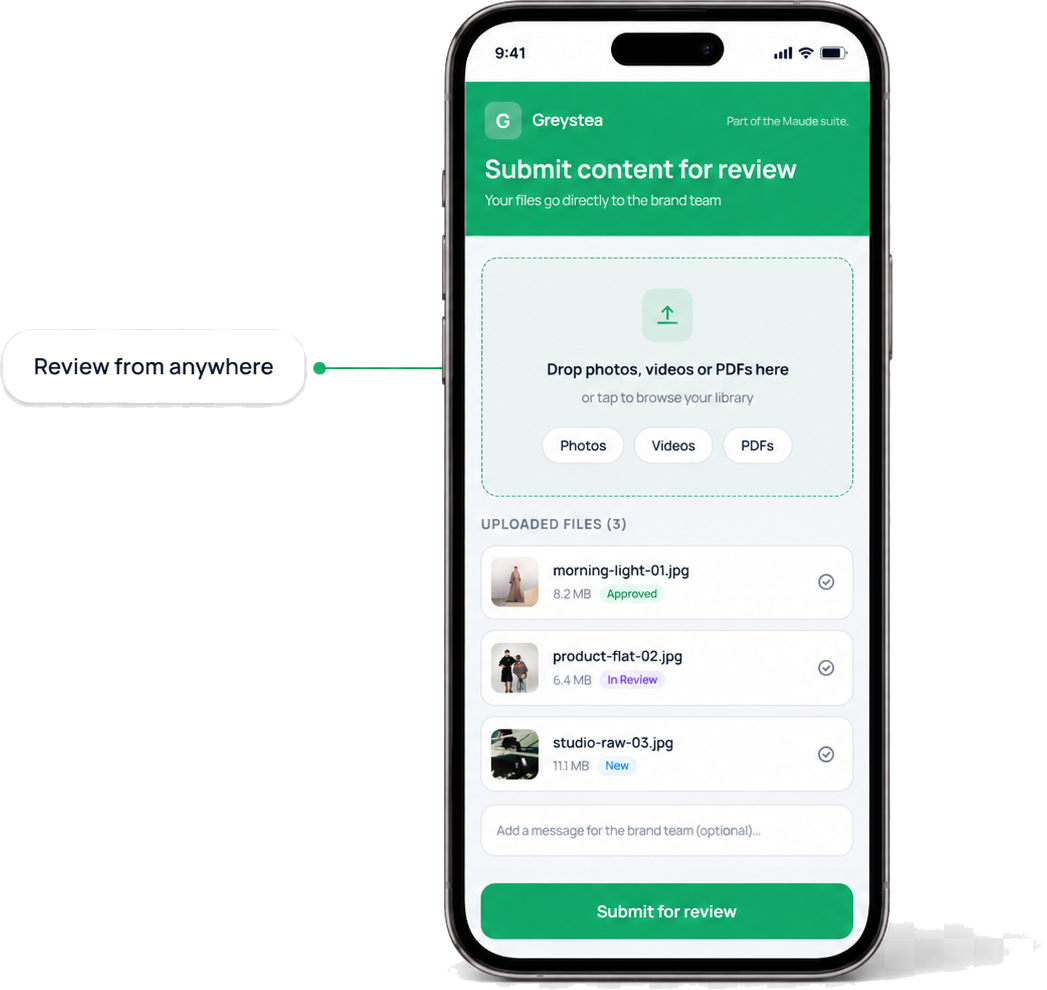 Creator content moves from upload to approval in one place.