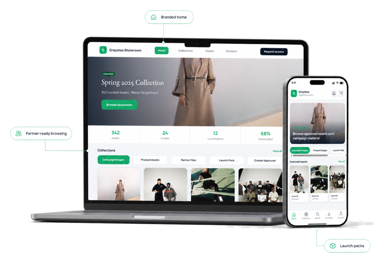 Branded showroom on desktop and mobile